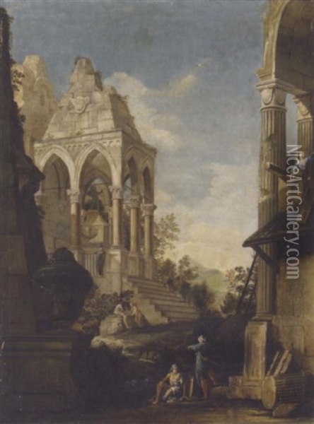 A Capriccio Of Classical Ruins With Figures Oil Painting - Marco Ricci