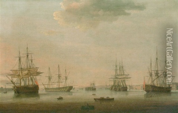 Men-o'-war In Portsmouth Harbour Oil Painting - Thomas (Captain) Elliott