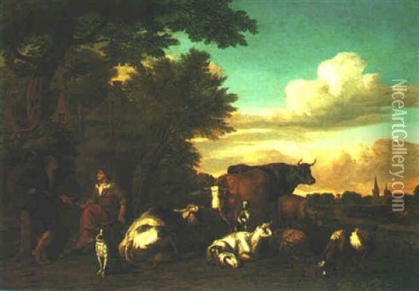 A Landscape With Shepherd And Shepherdess Resting Beneath A Tree With Cattle Nearby Oil Painting - Jan van Gool