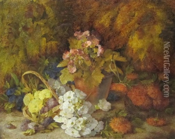 A Still Life Of Flowers In A Basket On A Mossy Bank Oil Painting - Vincent Clare