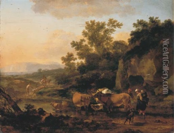 An Italianate River Landscape With A Shepherd And His Flock Oil Painting - Gaspard Dughet