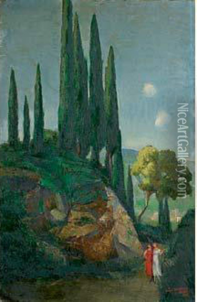La Promenade A Fiesole, Voyage En Italie, Mai 1922 Oil Painting - Angel Zarraga Arguelles