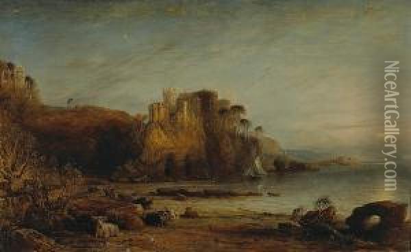 A View Of A Castle On The Cliff Of A Rocky Coast With Highland Cattle On The Beach Below Oil Painting - David Octavius Hill