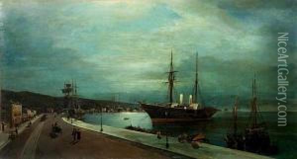 Moonlit Harbour Of Volos Oil Painting - Constantinos Volanakis