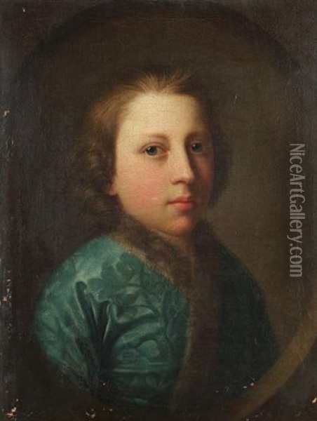Portrait Of A Young Boy In A Fur-trimmed Blue Brocade Coat Oil Painting - Anton Raphael Mengs