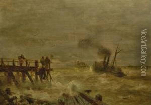 Dampfschiff Bei Einer Landungsbrucke In Sturmischer See Oil Painting - Andreas Achenbach
