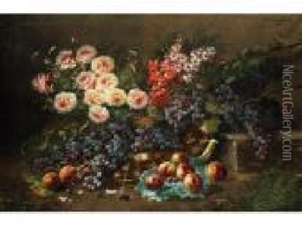 Grosses Stilleben Mit Fruchten Undblumen Oil Painting - Max Carlier