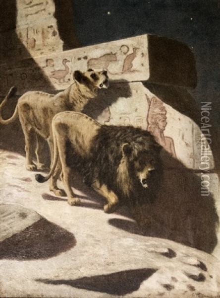 Lion And Lioness Amongst Egyptian Ruins Oil Painting - Gustave Wertheimer