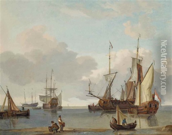 Dutch East Indiamen And A States Yacht In A Calm Offshore Oil Painting - Hendrick Jacobsz Staets