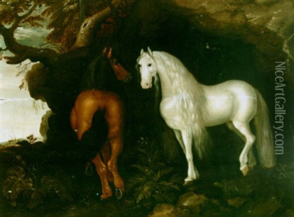 Two Horses By A Rocky Outcrop Oil Painting - Abraham Bosschaert