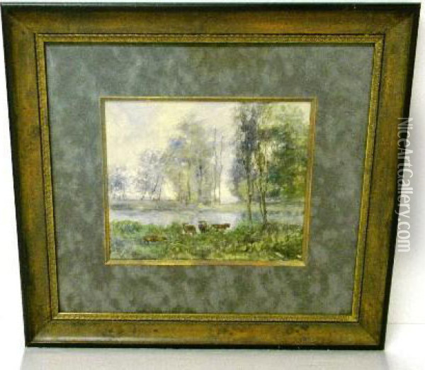 Cows Grazing Alongside River Oil Painting - A.J. Pell
