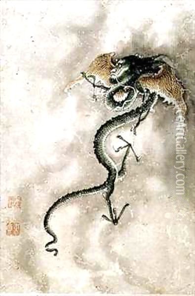 A winged dragon, from an album of 12 depicting animals and birds, Chinese Oil Painting - or Chiao Ping-Chen Jiao Bing Zhen