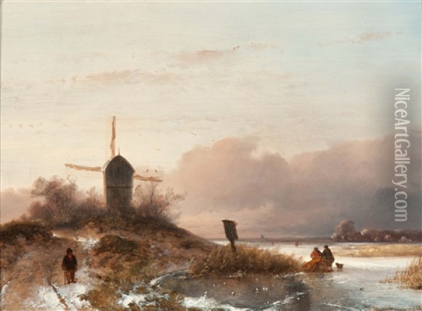A Stroller In A Winter Landscape Oil Painting - Johannes Franciscus Hoppenbrouwers