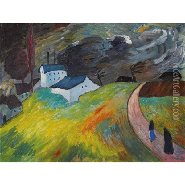 Dorfliche Landschaft Mit Zwei Heimkehrenden Frauen Oil Painting - Marianne von Werefkin