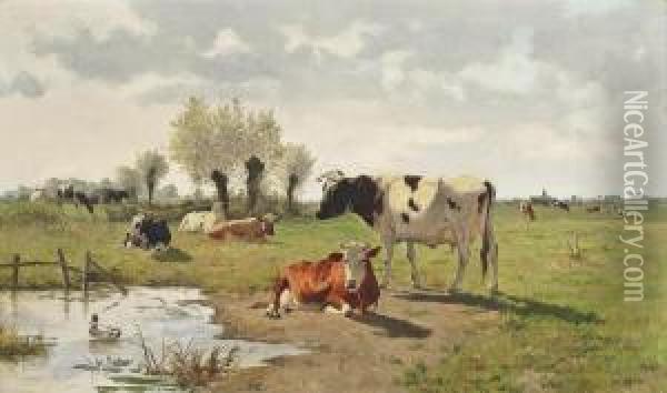 Cattle In Pasture Oil Painting - Emile Van Damme-Sylva