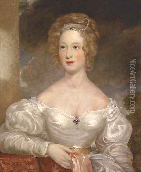 Portrait of a lady, bust-length, in a white silk dress with pearl tiara Oil Painting - English School