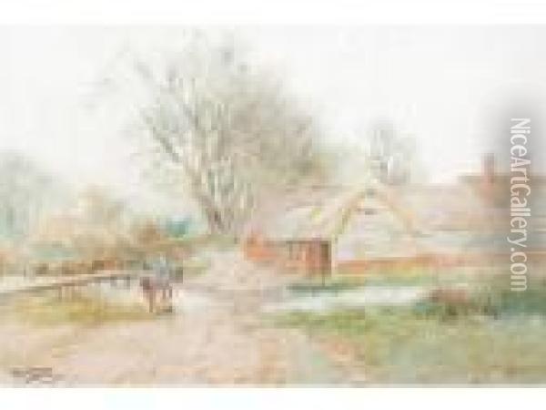 A Figure And Plough Horse Returning To A Farm Oil Painting - Henry Charles Fox