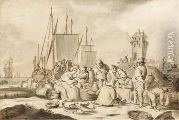 Merchants And Other Figures Eating, Drinking And Smoking On Abeach, Shipping By A Town Beyond: En Grisaille Oil Painting - Cornelis Boumeester
