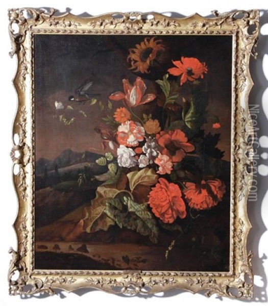 Floral Still Life Within Landscape With Bird And Butterfly Oil Painting - Ernst Stuven