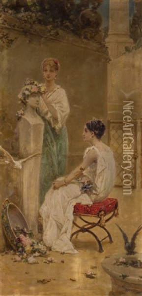 Dwie Rzymianki Wienczace Kwiatami Posag Antinousa Oil Painting - Vasili Aleksandrovich Kotarbinsky