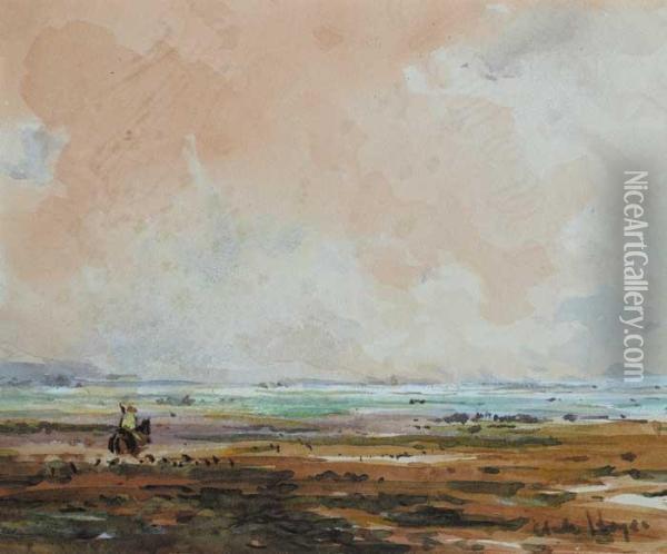 Beach At Low Tide - Christmas Card Sent To J.r. Hall Oil Painting - Claude Hayes