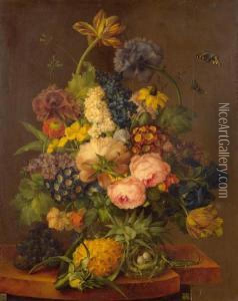 Floral Still Life With Pineapple And Bird's Nest On A Stone Plaque. Oil Painting - Franz Xaver Petter