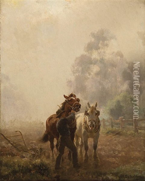 Preparing The Horses Oil Painting - Jan Hendrik Scheltema