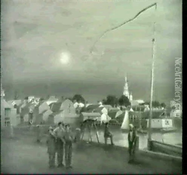 Twilight By The Docks Oil Painting - George (Sir) Harvey