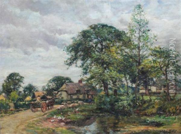 Carter And Sheep Beside A Duckpond Oil Painting - William Mark Fisher