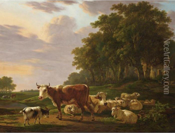 A Landscape With Cows, Sheep And Goats, And Houses Near The Edge Of A Wood With Figures Oil Painting - Jacob Van Stry