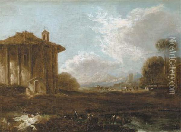 An Italianate Landscape With Figures Strolling Near A Ruin Of A Classical Temple Oil Painting - Carlo Antonio Tavella