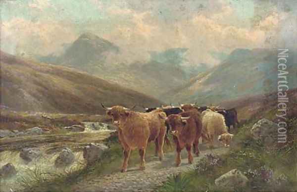 Highland cattle by the Beauly river Oil Painting - Albert Dunnington