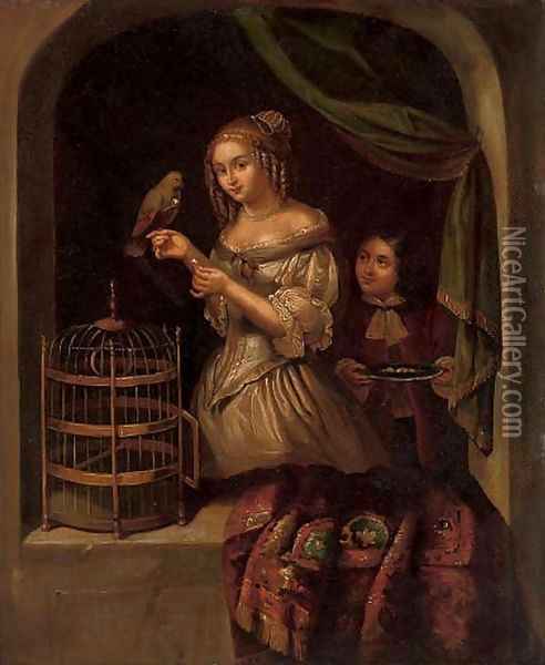 A lady with a parrot at a casement 2 Oil Painting - Caspar Netscher