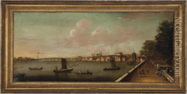 View Of The Thames With Westminster Abbey, London Oil Painting - (Giovanni Antonio Canal) Canaletto