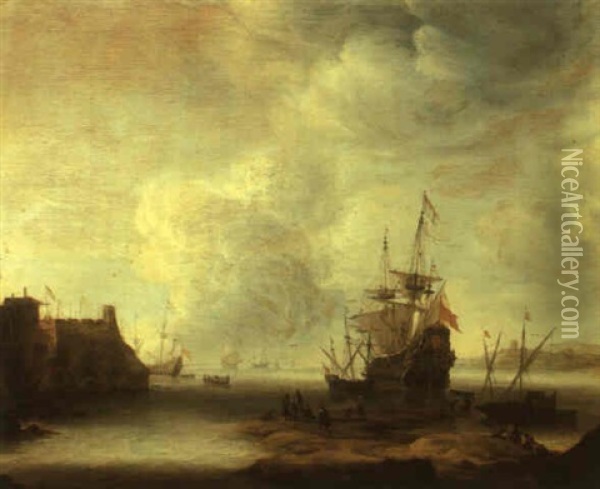 Harbor With A Dutch Man-of-war At Anchor And Small Boats Around Oil Painting - Jan Abrahamsz. Beerstraten