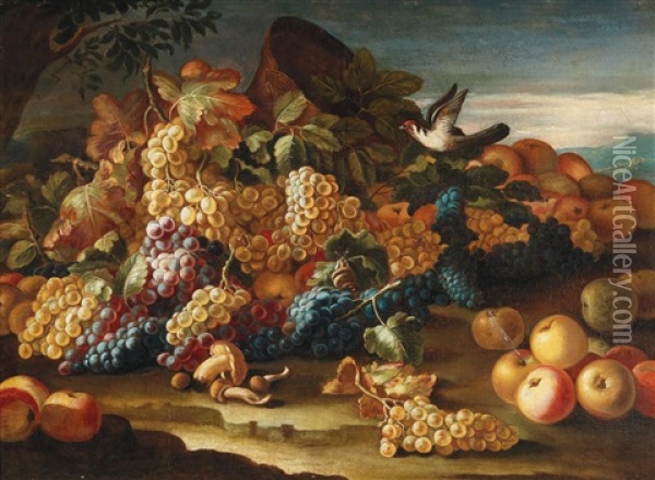 A Pair Of Fruit Still Lifes Before A Landscape Background Oil Painting - Giovanni Battista Ruoppolo