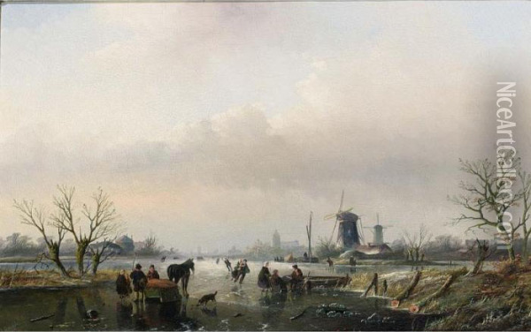 A Winter Landscape With Skaters On A Frozen River Oil Painting - Jan Jacob Coenraad Spohler