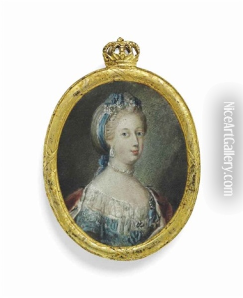 Caroline-mathilde Of Hanover (1751-1775), Queen Of Denmark, In Lace-bordered Blue Dress, Ermine-bordered Red Cloak Over Her Shoulders Oil Painting - Andreas Thornborg