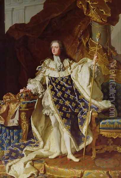 Portrait of Louis XV 1715-74 in his Coronation Robes, 1730 Oil Painting - Hyacinthe Rigaud