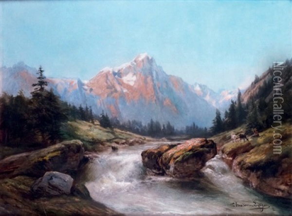 Chevrier Pres D'un Torrent De Montagne Oil Painting - Theodore Levigne