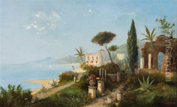 Landschaft An Der Adria Mit Villa Oil Painting - Georg Fischhof