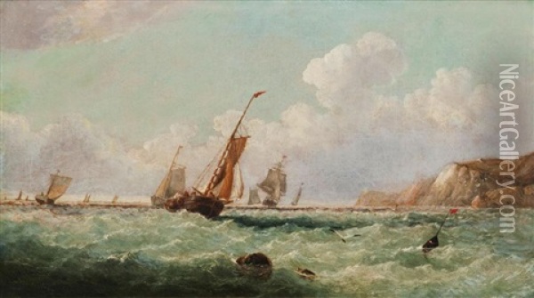 Shipping Off A Shore In A Choppy Sea Oil Painting - John Wilson