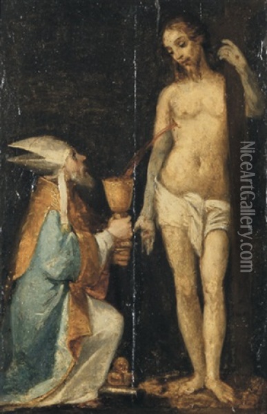 Papst Gregor Der Grose Empfangt In Einem Kelch Das Blut Aus Der Wunde Christi Oil Painting -  Romanino (Girolamo Romani)