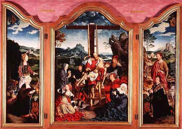 Triptych: Deposition from the Cross; St. John the Baptist; St. Margaret of Antioch, c.1528 Oil Painting - Joos Van Cleve