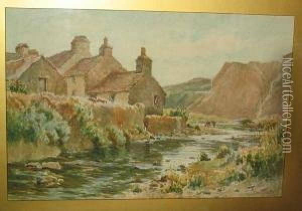 River Flowing Past A Village Oil Painting - Tom Clough