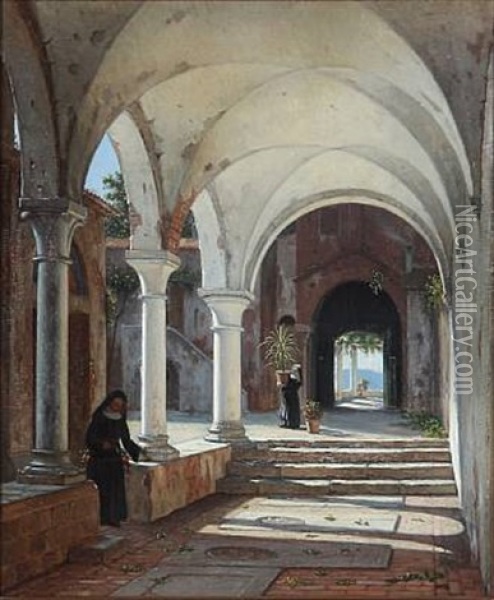Forhallen Til En Klosterkirke; Motivet Fra Et Kloster, Beliggende Ved Gardasoen Oil Painting - Peter Kornbeck