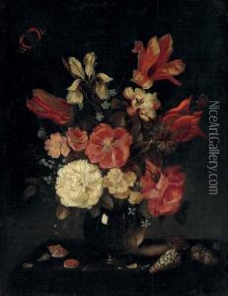 Roses, Tulips, An Iris, 
Forget-me-nots And Other Flowers In A Vase, With Shells On A Table And A
 Red Admiral Oil Painting - Jan van de Venne