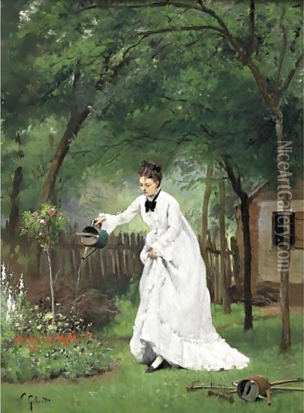 Madame Gilbert Watering Flowers Oil Painting - Victor-Gabriel Gilbert