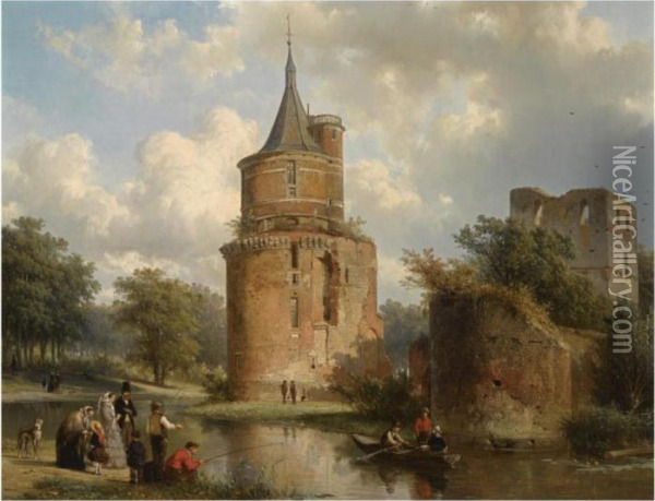 Figures At Leisure Near The Castle Of Wijk Bij Duurstede Oil Painting - Cornelis Springer
