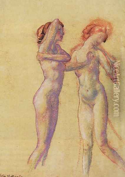 Two Standing Female Nudes Oil Painting - Arthur Bowen Davies